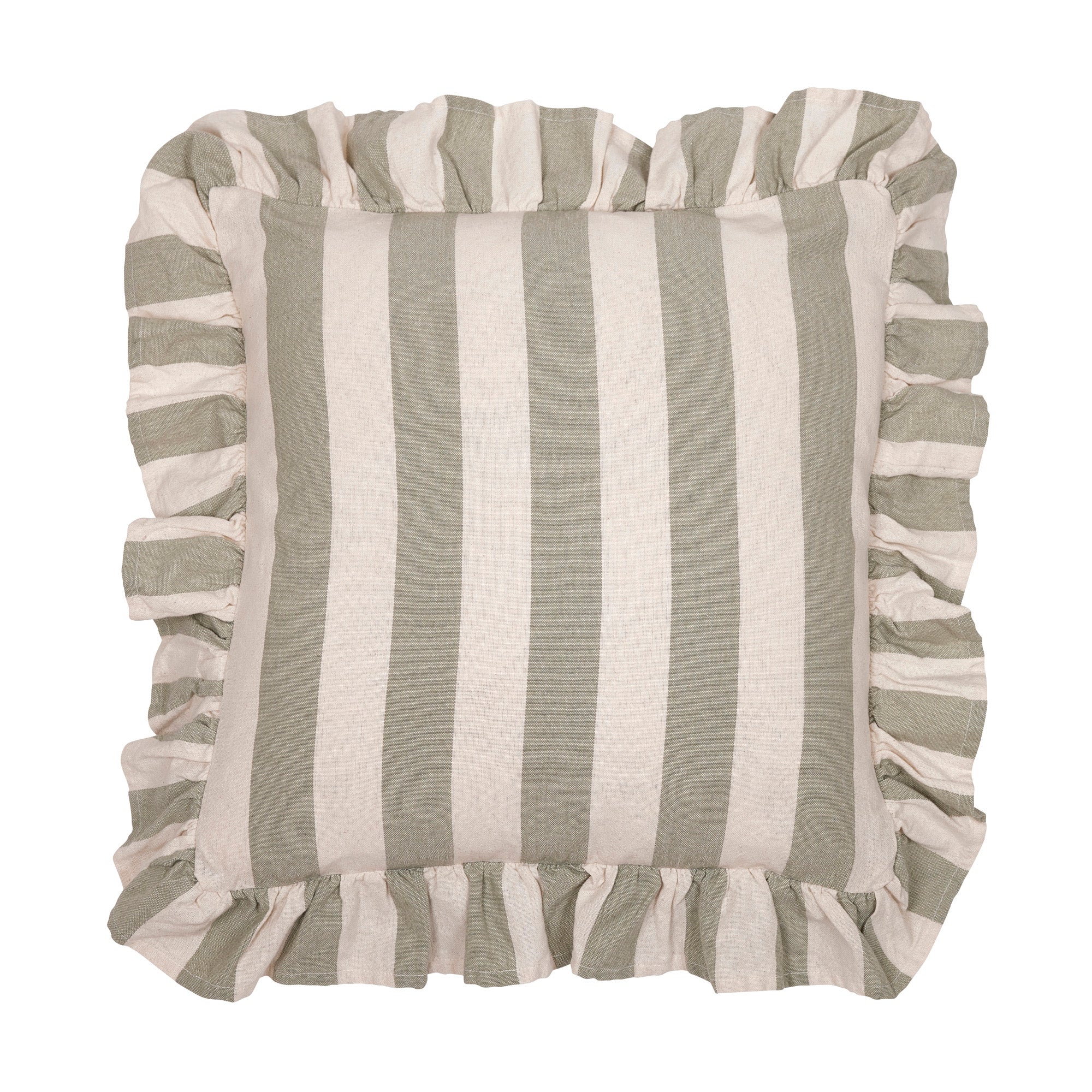 Amalia randigt kuddfodral 45x45 cm i lindgrön ton med volang