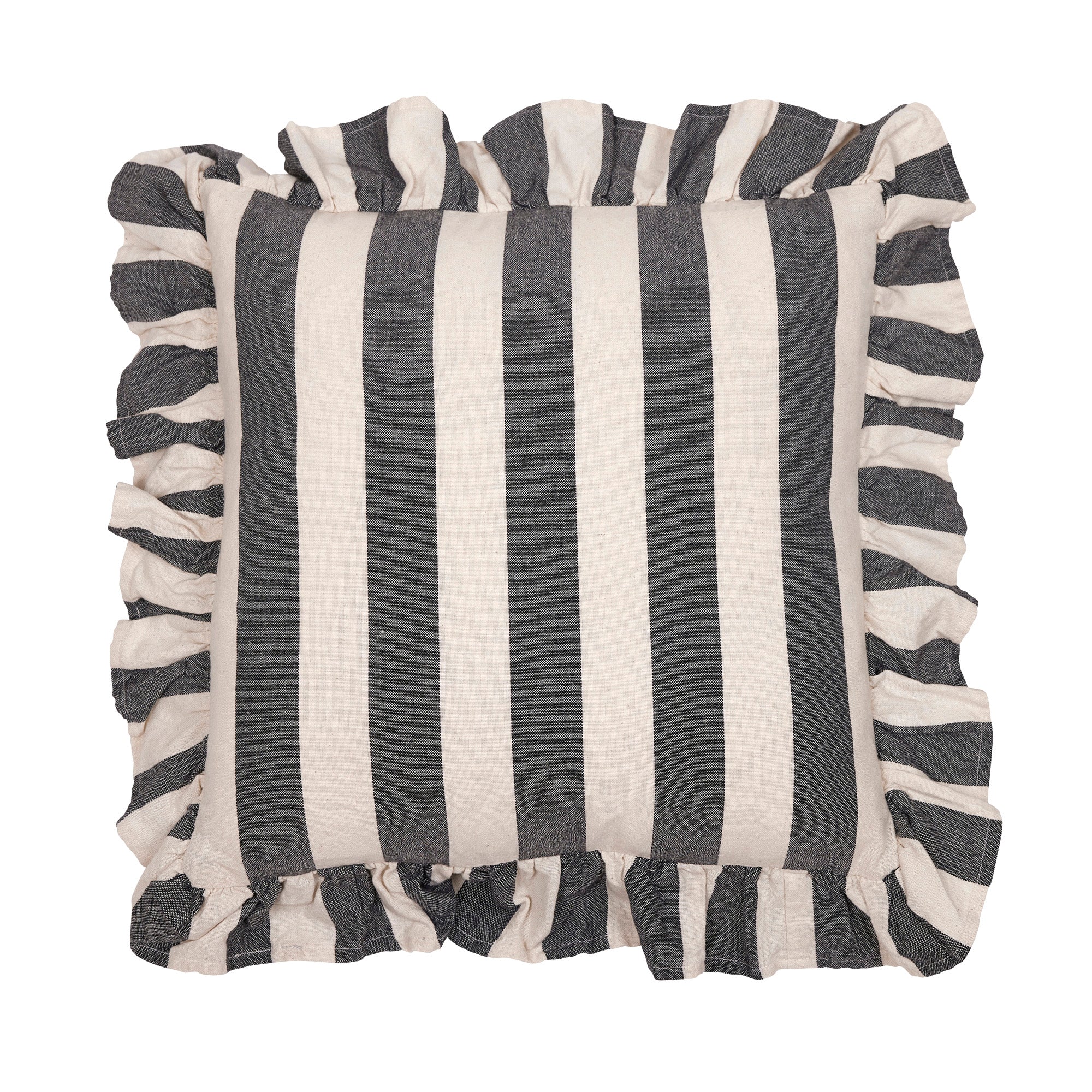 Amalia randigt kuddfodral 45x45 cm i svart rand med volang