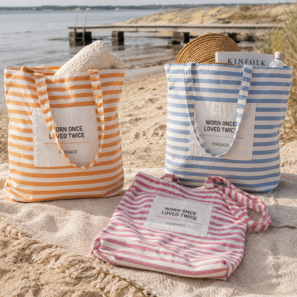 Svea tygväskor på stranden. Sommarväskor gjorda av tyg i olika randiga färger.